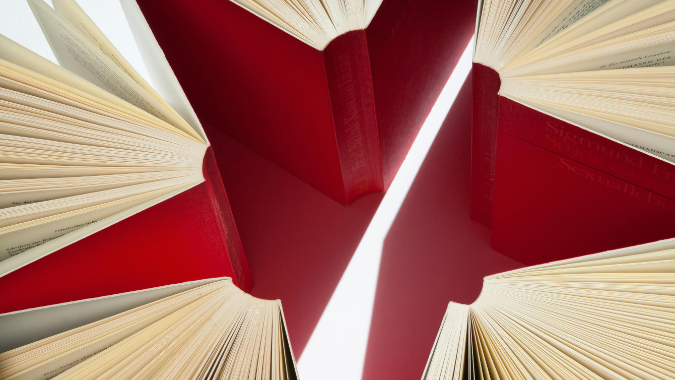 Books standing in a formation that forms a star